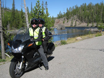 Rental BMW K1300GT at entrance to Yellowstone National Park