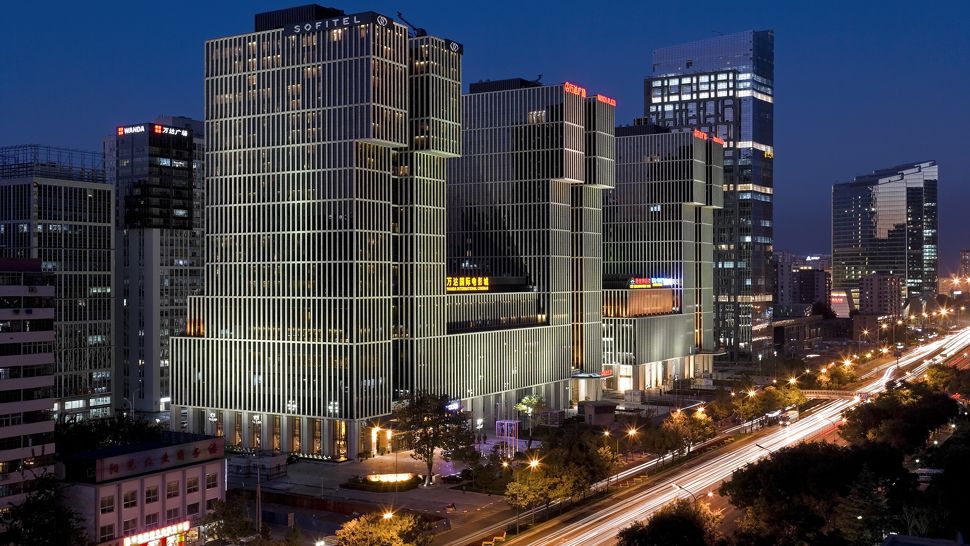 north China hotel exterior by night